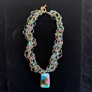 Artist Woven Beaded Necklace with Fused Glass Pendant